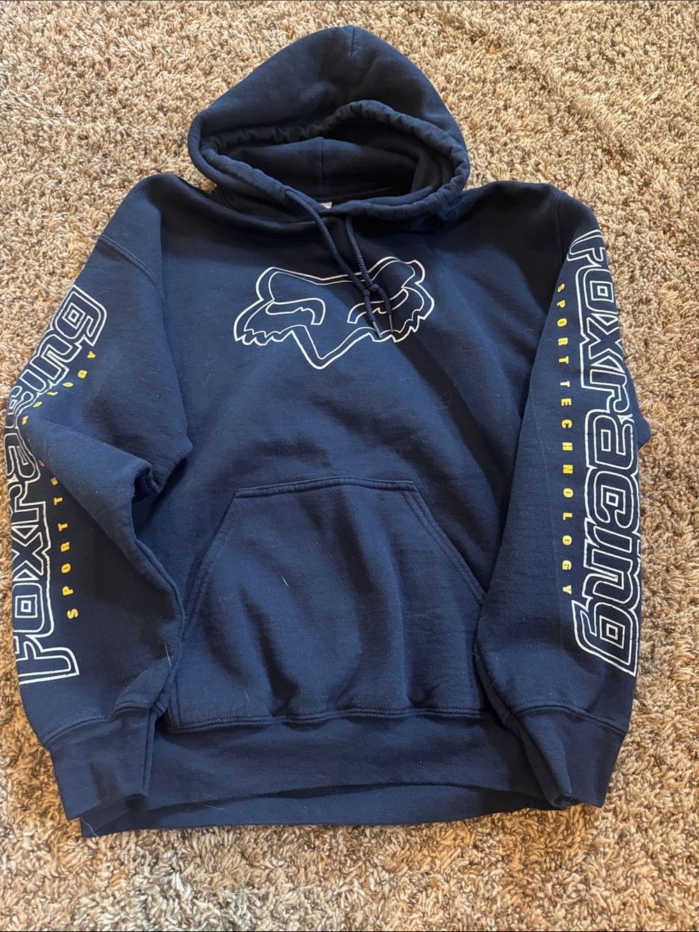 Fox Navy Hoodie with White Logo and Yellow Accents
